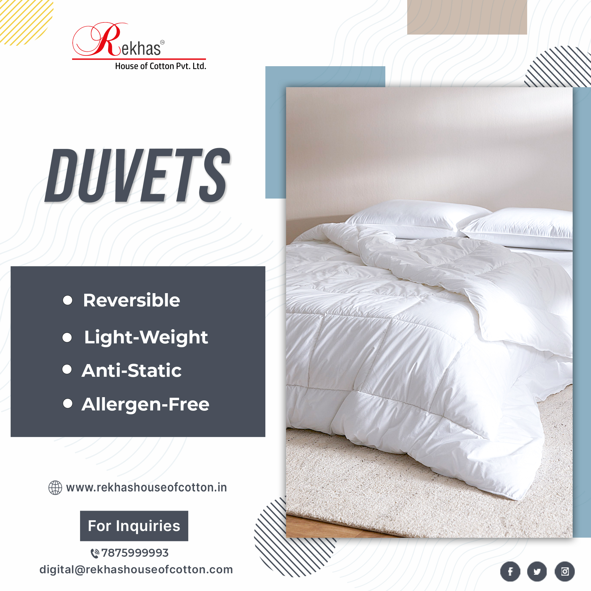 The soft, lightweight, breathable Duvets from Rekhas House of Cotton can perfectly match your home décor and suit all seasons. Get this chic & elegant Duvet in Chennai from Rekhas House of Cotton.